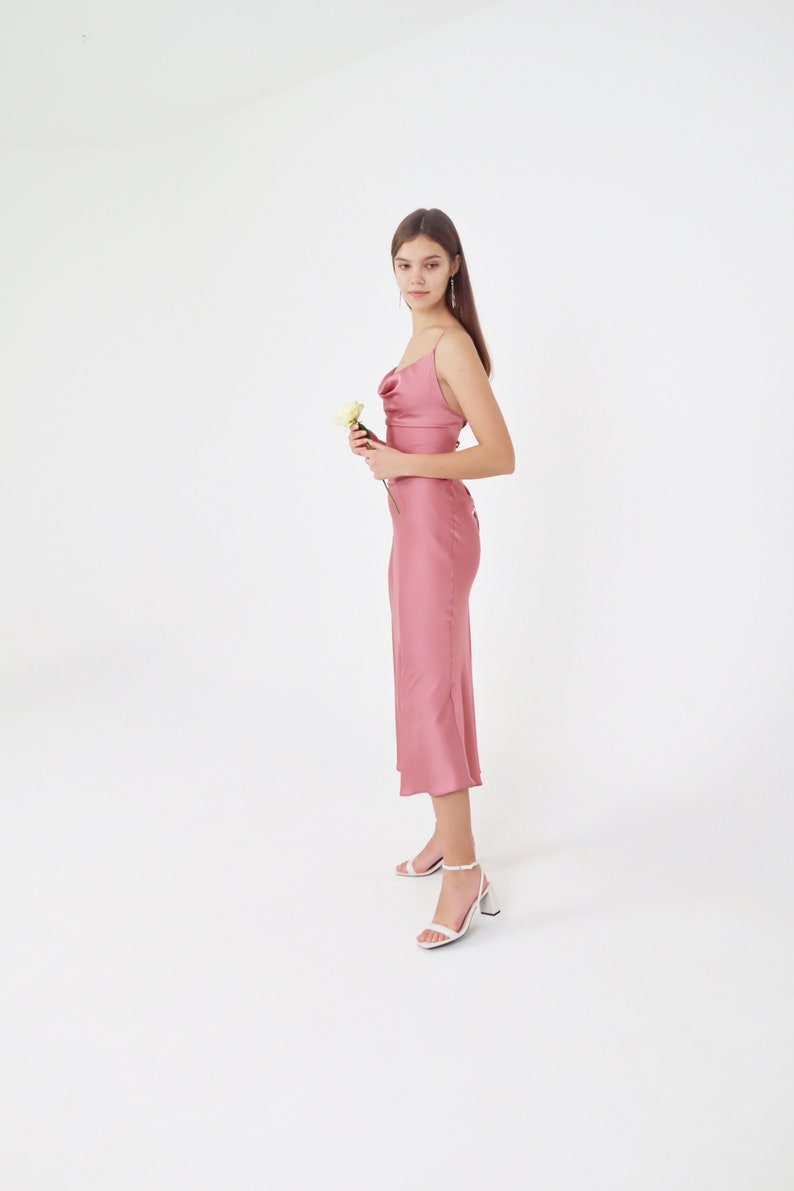 Powder silk slip dress cowl neck Rose pink midi dress bare image 4