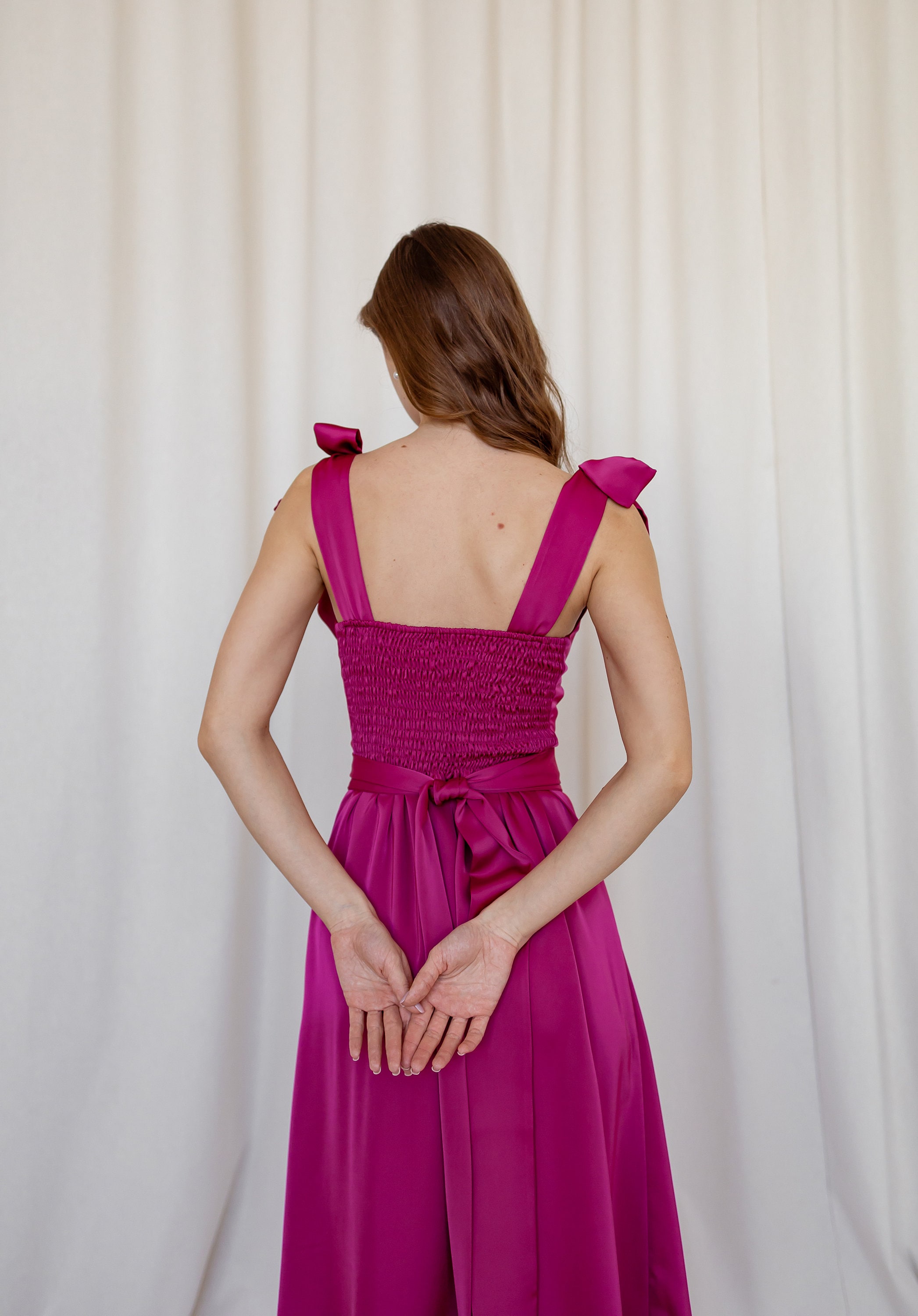 Magenta Dress Fuchsia Satin Dress Hot Pink Bridesmaid's Midi Dress Ties Midi Bright Pink Dress Wedding Guest Dress Alexa Dress