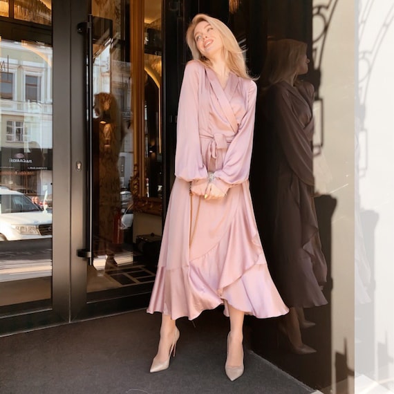 Dusty Pink Dress Silk Long Dress Silk Dress With Ruffle Wrap Bridesmaid Dress  Pink Dress Dress With Sleeves Janne Dress - Etsy