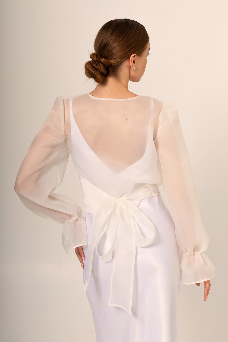 Bridal bolero Classic Organza Jacket Transparent Jacket Wrap organza blazer long bishop sleeve See through white blouse image 7