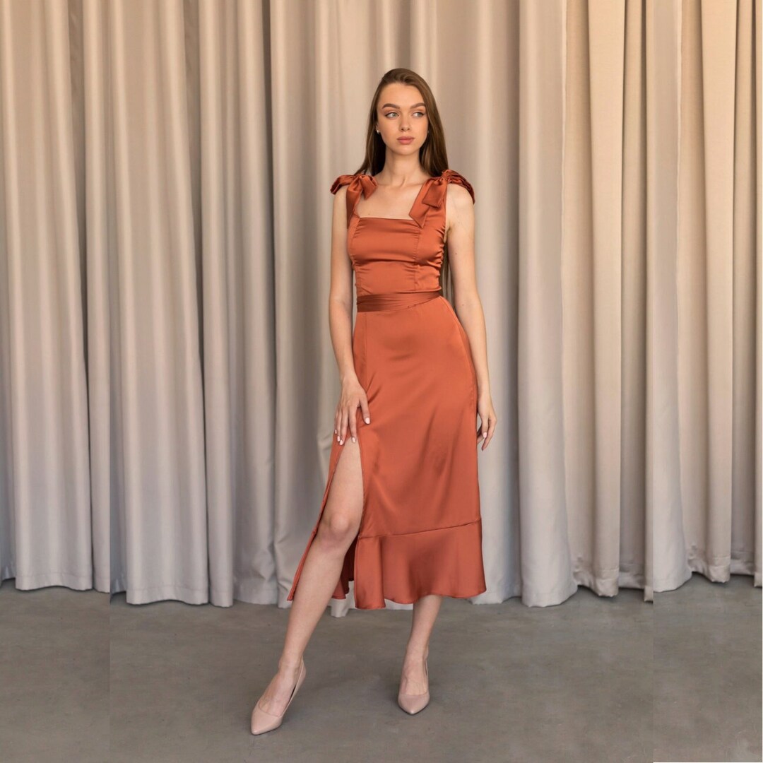Rust Copper Dress Rust Orange Silk Bridesmaid's Dress Midi With Slit ...