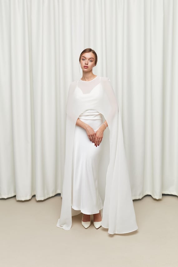 Chiffon Cape Bridal Cape Maxi Long Wedding Cover Up Cape for Bride Long Bridal Shawl Wedding Dress Overlay Ivory Cathedral Ceremony Cape