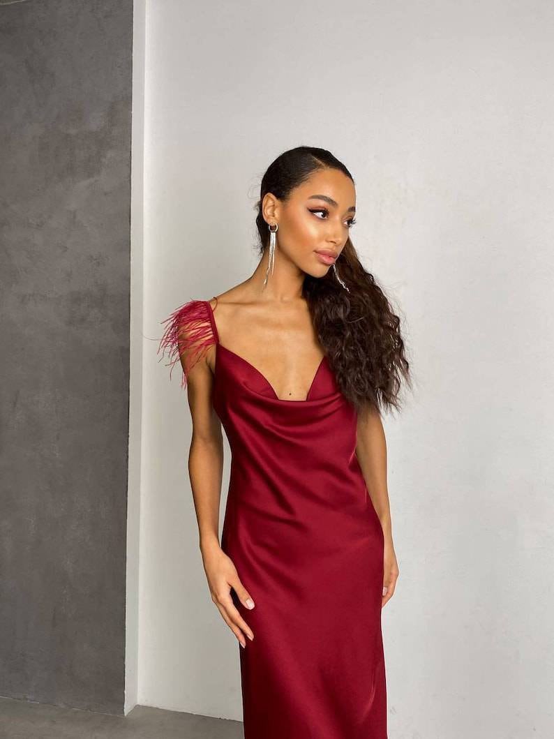 Burgundy Silk Slip Dress With Feathers Satin Sexy Dress With Ostrich  Feathers Dark Red Special Occasions Midi Dress Kelly Feathers Dress