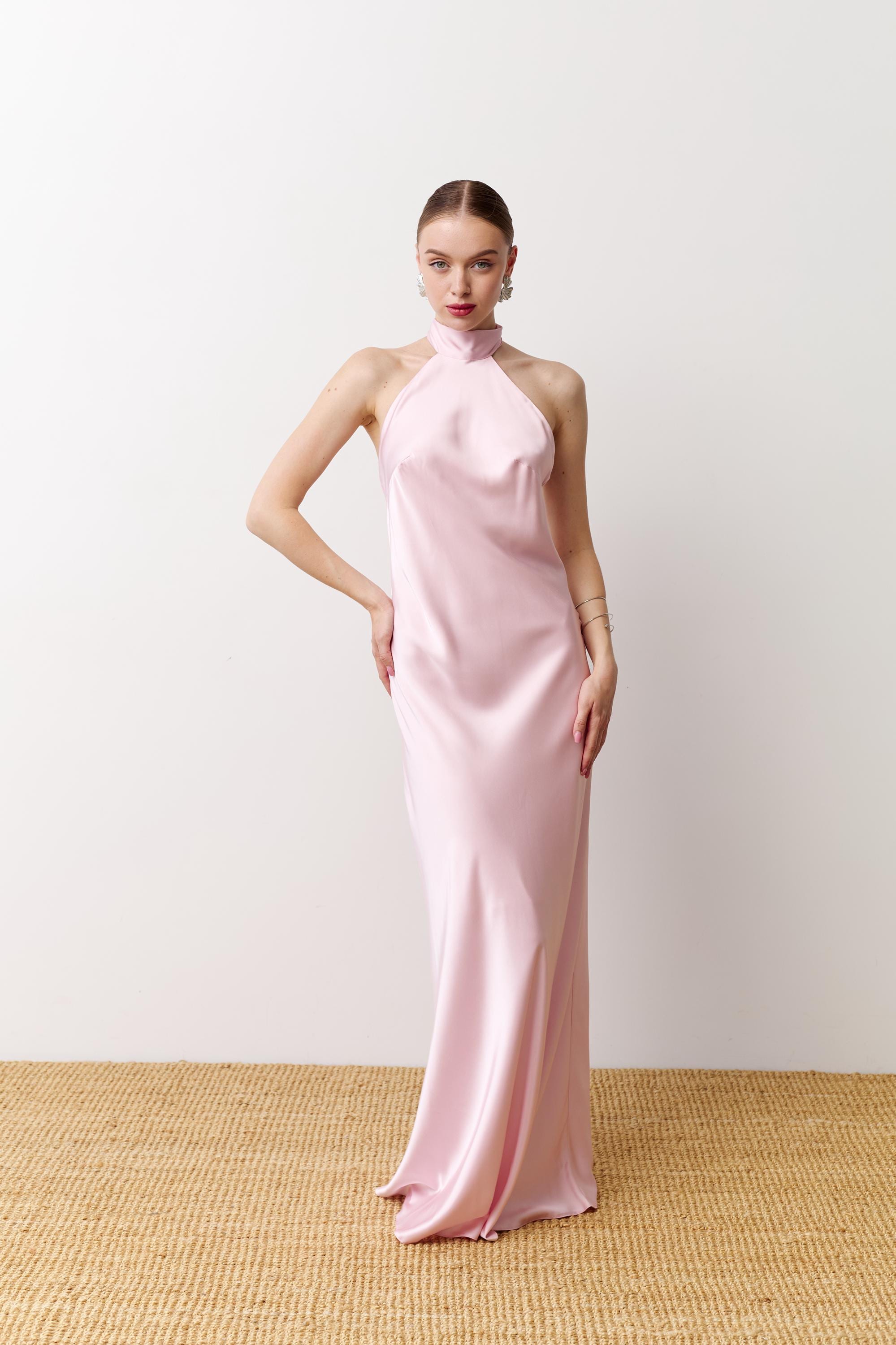 Open back dress Halter neck maxi gown Halter dress Long prom gown Light pink evening outfit Satin dresses ball Bridesmaid dress Grace dress