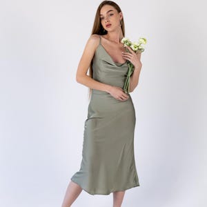 Sage green silk slip midi dress lace back Light green off shoulder Elegant pistachio dress special Dress bridesmaid wedding Chloe dress Pale olive