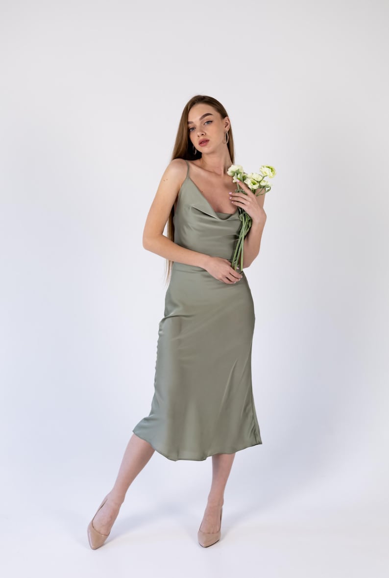 Sage green silk slip midi dress lace back Light green off shoulder Elegant pistachio dress special Dress bridesmaid wedding Chloe dress Pale olive