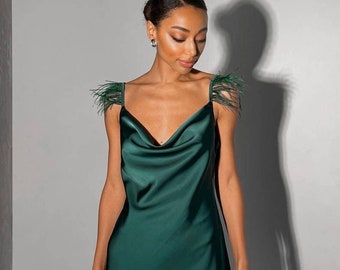 Kelly feathers dress Emerald silk bridesmaid dress with feathers Silk slip cowl neck long dress Midi emerald silk dress bias cut