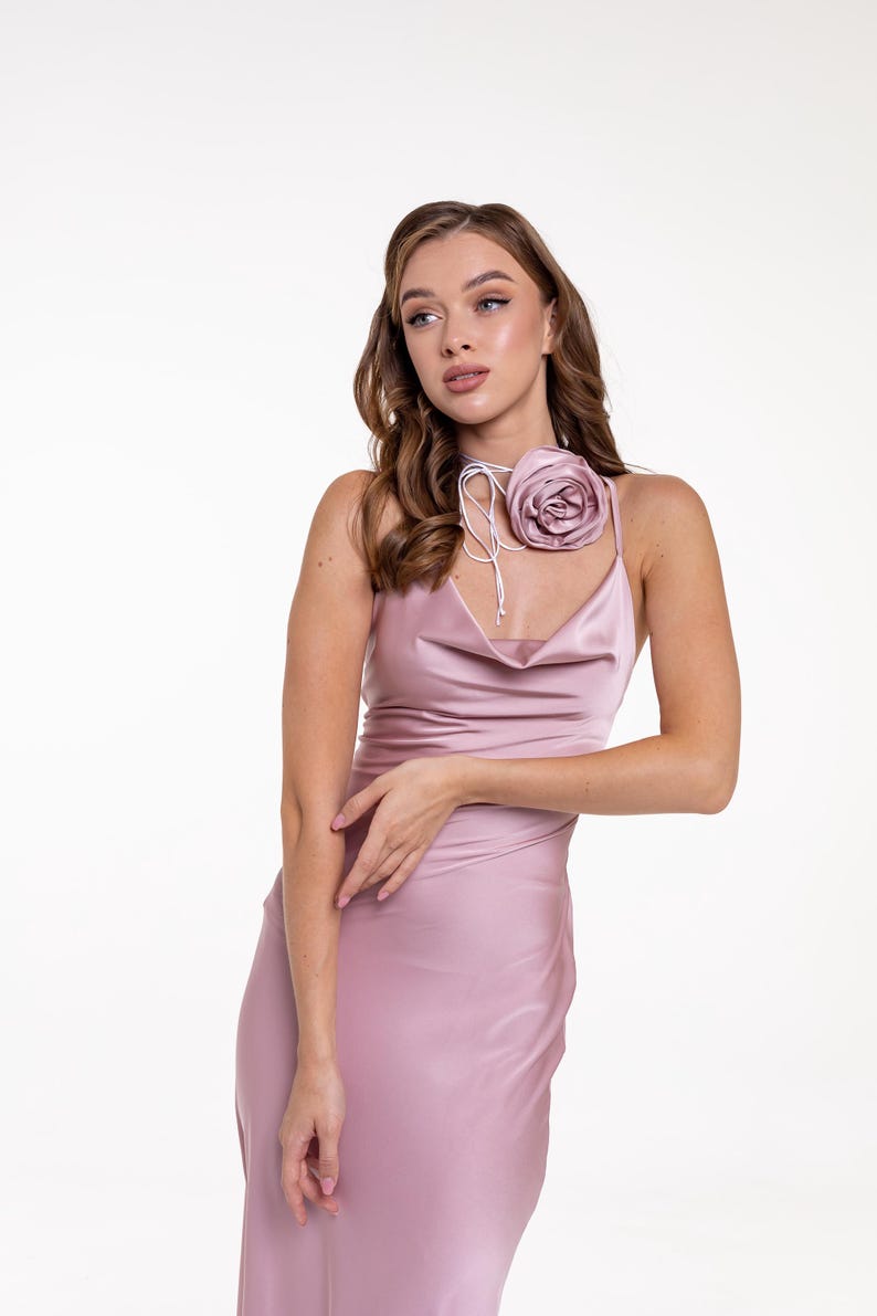 Powder satin slip dress Cowl neck gown Rose pink midi dress open back Bridesmaid slip dress Satin dresses Party wear Silky dress Chloe dress Dusty pink