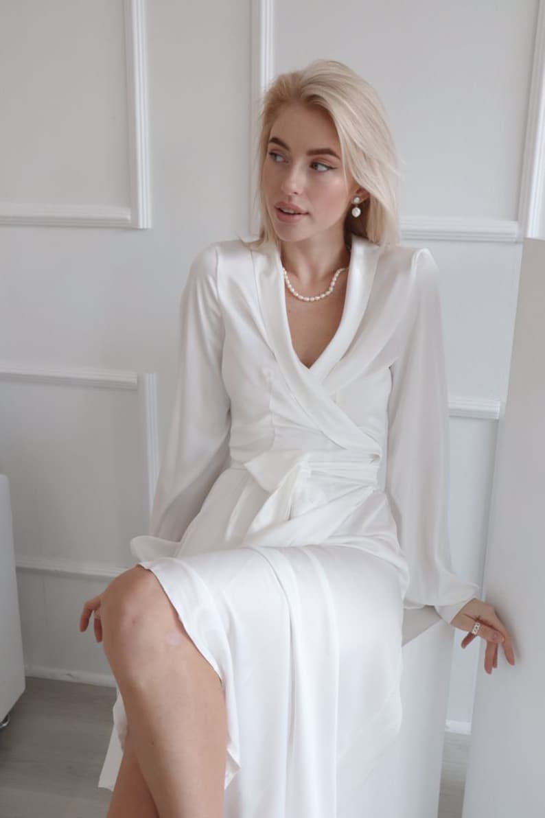 Janne dress White silk wrap dress for elopement Midi white dress long sleeve civil wedding Silk flared skirt romantic dress rehearsal dinner image 5