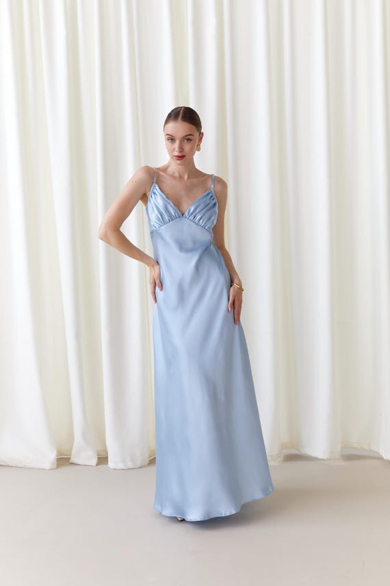 princess polly baby blue dress Azazie Brookelle Dusty Blue Stretch Satin Bridesmaid Dresses main image 0