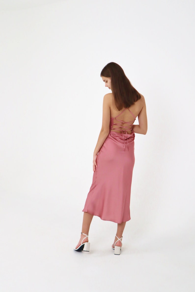 Powder silk slip dress cowl neck Rose pink midi dress bare image 3