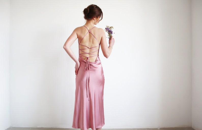 Powder silk slip dress cowl neck Rose pink midi dress bare image 1