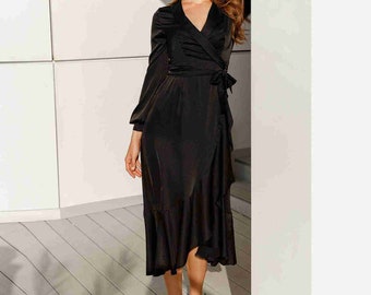 black long sleeve graduation dress Black Dress With Sleeves Black Dress Silky Dress With Sleeves Wrap Silk Dress Satin Dress Long Sleeve Graduation Dress Black Janne Dress