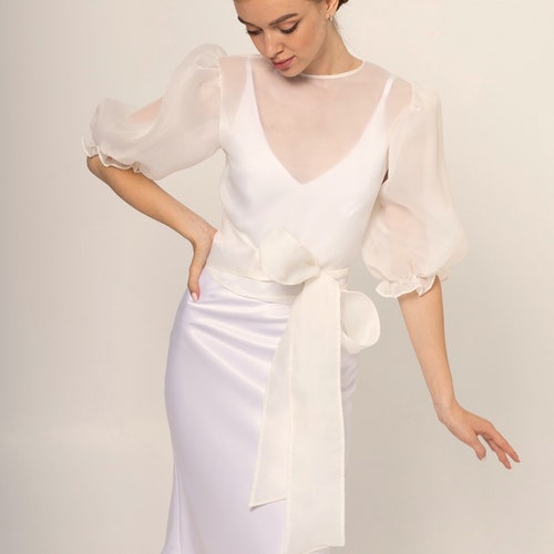 open lace back dress Sabrina Two-Piece Satin Slip Wedding Dress with Long Sleeves Organza Overlay  | Bone and Grey Bridal main image 1