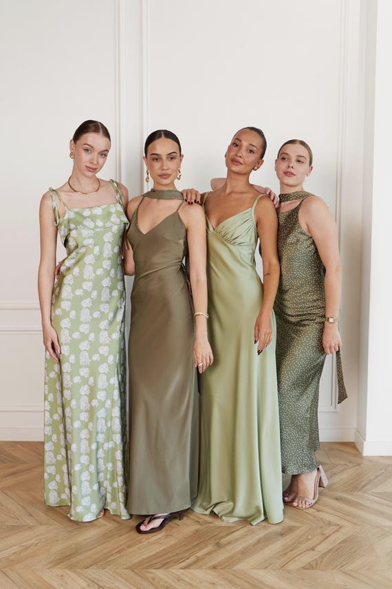 Mismatch Green Bridesmaid Dress Sage Green Dress Wedding Guest Dress Semi Formal Midi Formal Gown Satin Dresses Coctail Party Outfit
