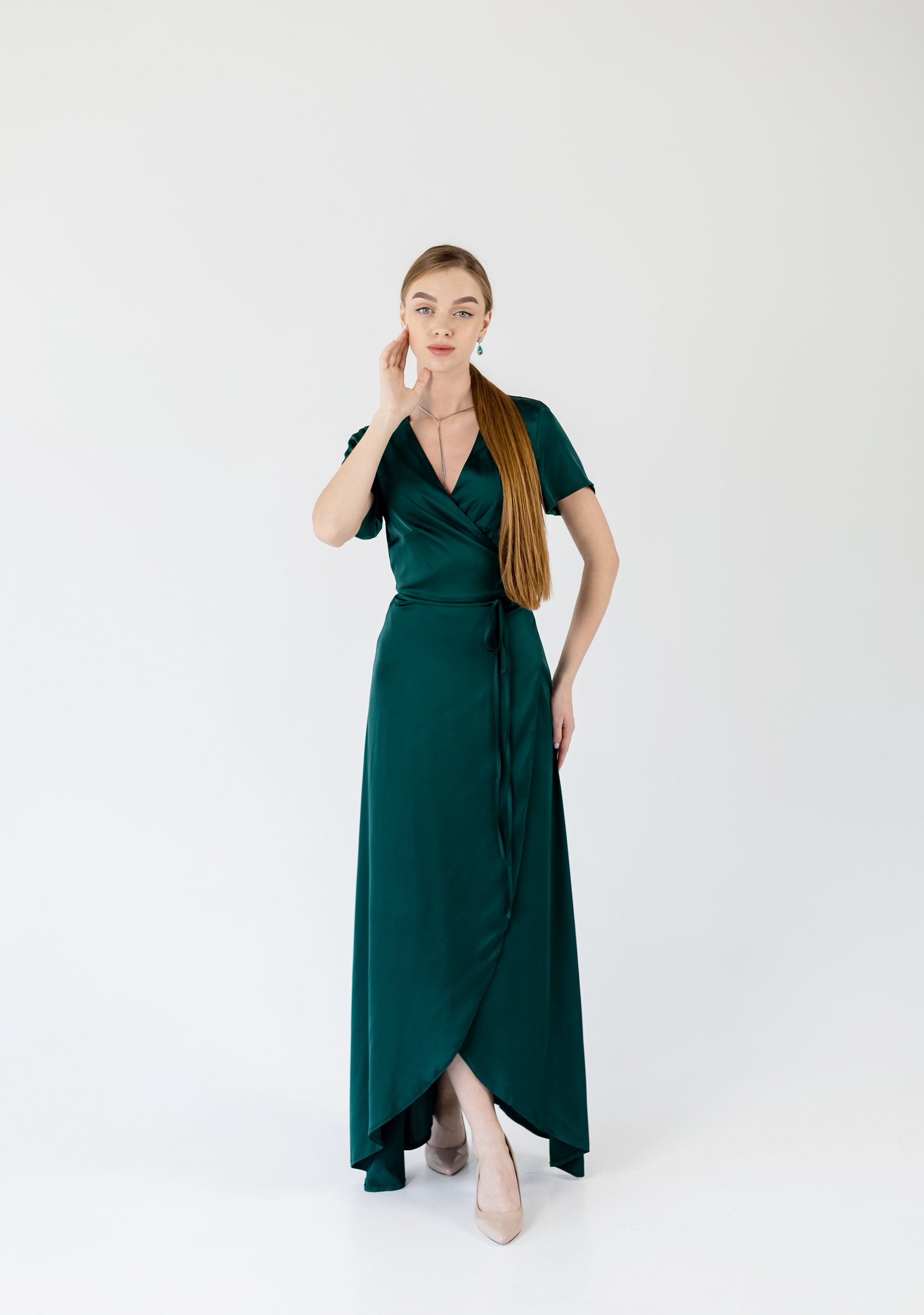 Emerald Silk Dress with Short Sleeve Bridesmaid Wrap Dress Dark Emerald Dress Green Silk Dress Green Bridesmaid Dress Miranda Dress