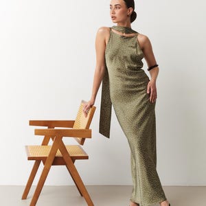 Semi formal green olive satin dress for wedding guest with scarf