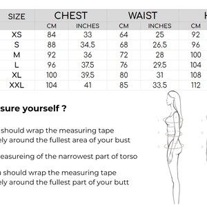 May include: Size chart for clothing with measurements in inches and centimeters. The chart shows sizes from XS to XXL and includes bust, waist, and hip measurements.  The chart also includes illustrations of how to measure bust, waist, and hips.