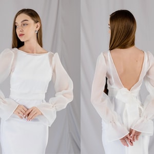 See through blouse Organza sheer wedding cover up Simple wedding bride separates top cover up Wedding dress topper open back Bride bolero image 1