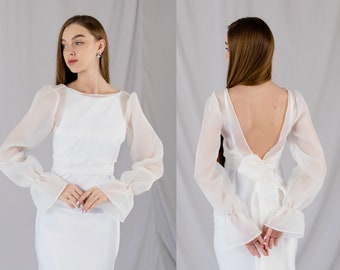 Prześwitująca bluzka Organza przezroczysta okładka ślubna Prosty ślub panny młodej oddziela górną okładkę sukni ślubnej Topper z odkrytymi plecami Bolerko panny młodej
