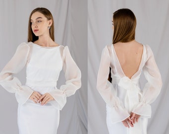 See through blouse Organza sheer wedding cover up Simple wedding bride separates top cover up Wedding dress topper open back Bride bolero