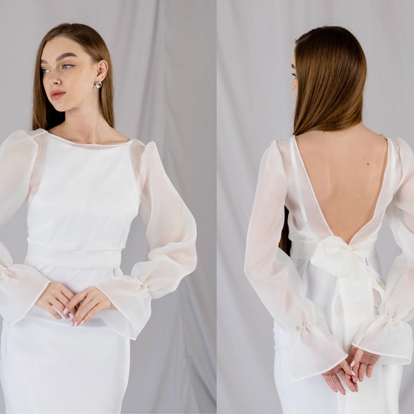 Blusa transparente Organza pura cubierta de boda La novia de la boda simple separa la cubierta superior Vestido de novia topper espalda abierta Bolero de novia