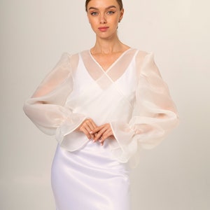 Bridal bolero Classic Organza Jacket Transparent Jacket Wrap organza blazer long bishop sleeve See through white blouse image 5