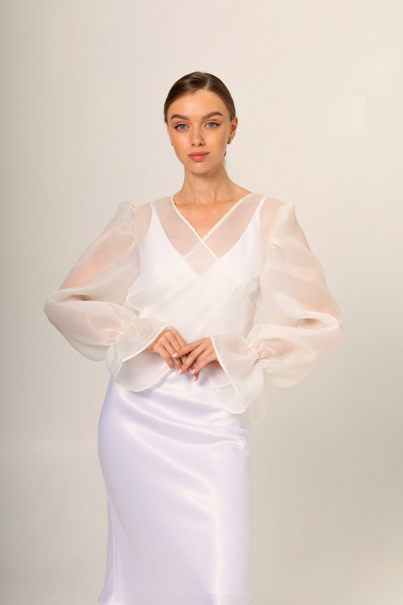 Bridal bolero Classic Organza Jacket Transparent Jacket Wrap organza blazer long bishop sleeve See through white blouse image 5