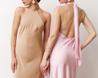Maxi halter gown Long prom dress Gold full length gown Guest gown gold Prom ball dress Graduation dress Open back satin dress Charlie dress