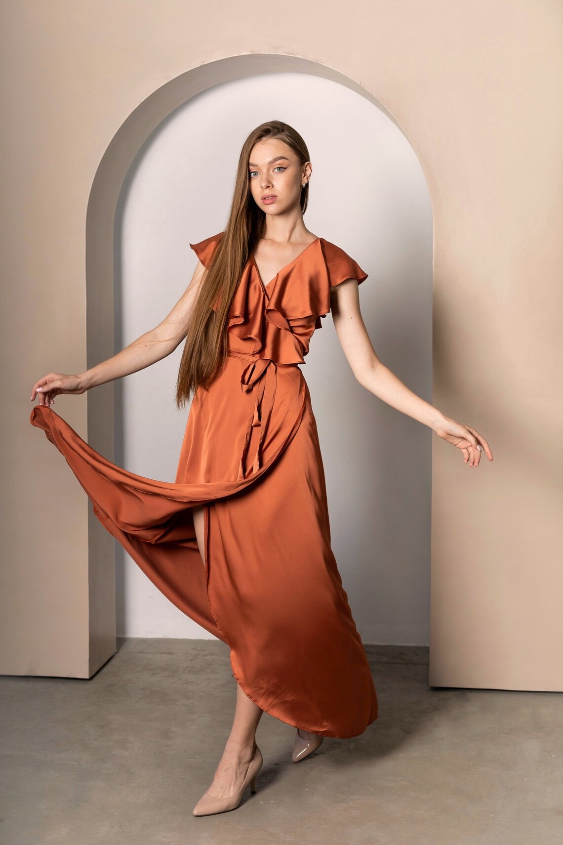 Rust Copper Silk Dress Maxi Lenght for Bridesmaid Rust Orange Etsy
