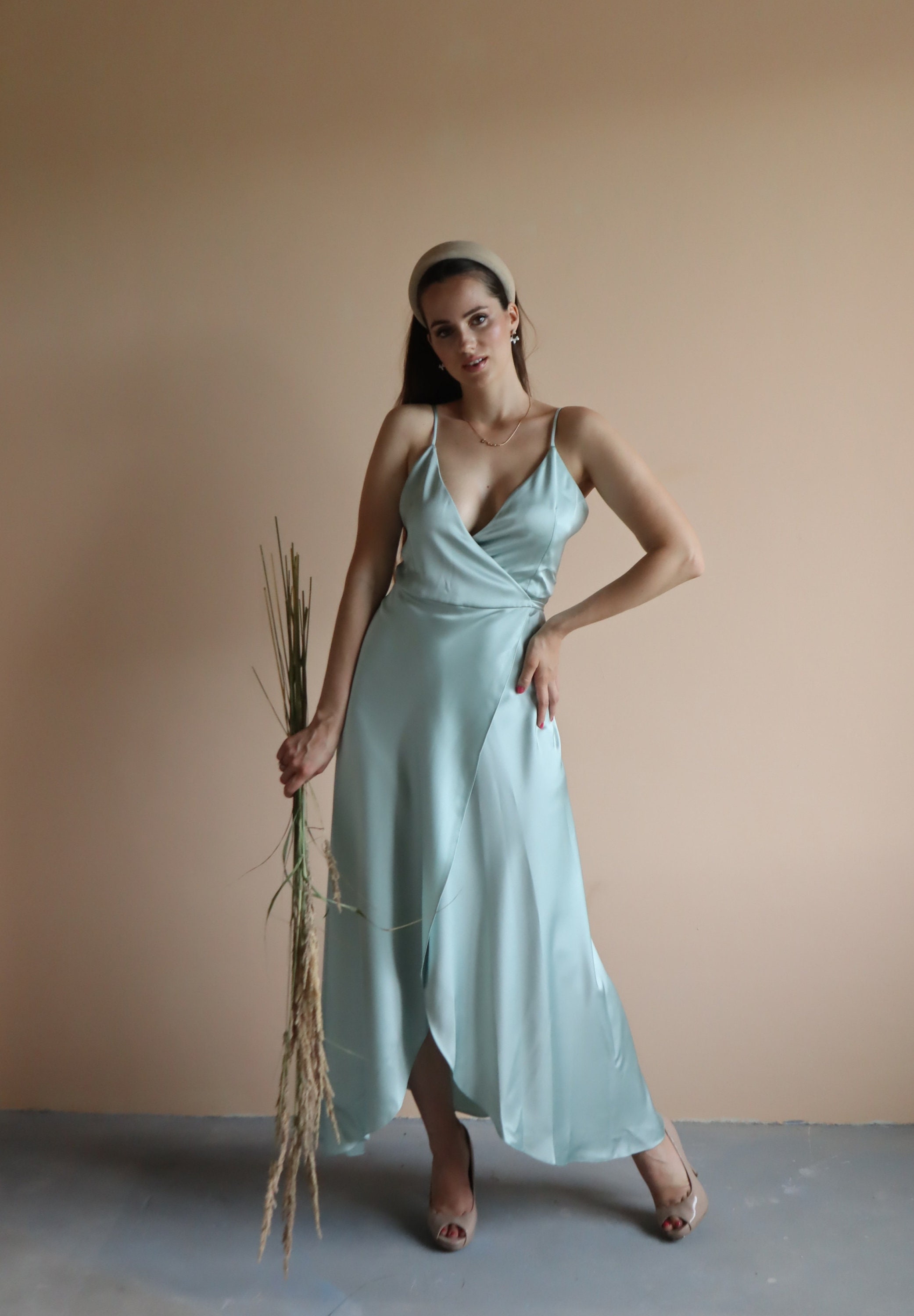 Sage green silk midi asymmetrical dress with slit Silk wrap | Etsy