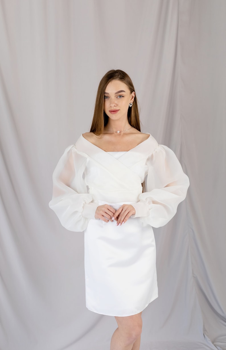Bridal dress topper Dress overlay Classic Organza Sheer Jacket Wrap organza blazer bishop sleeve Sheer white blouse Bride cover up image 1