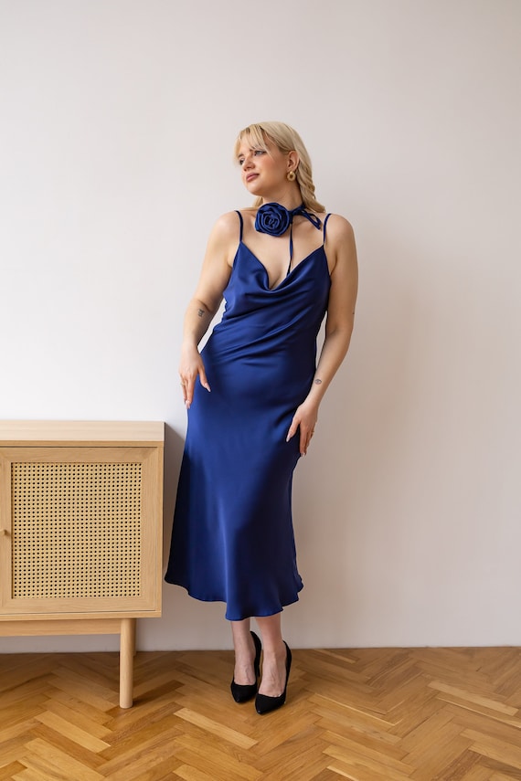 Navy blue silk dress Dark blue Satin dress Autumn bridesmaid slip Satin slip dress with cowl neck Homecoming dress plus size Kelly dress