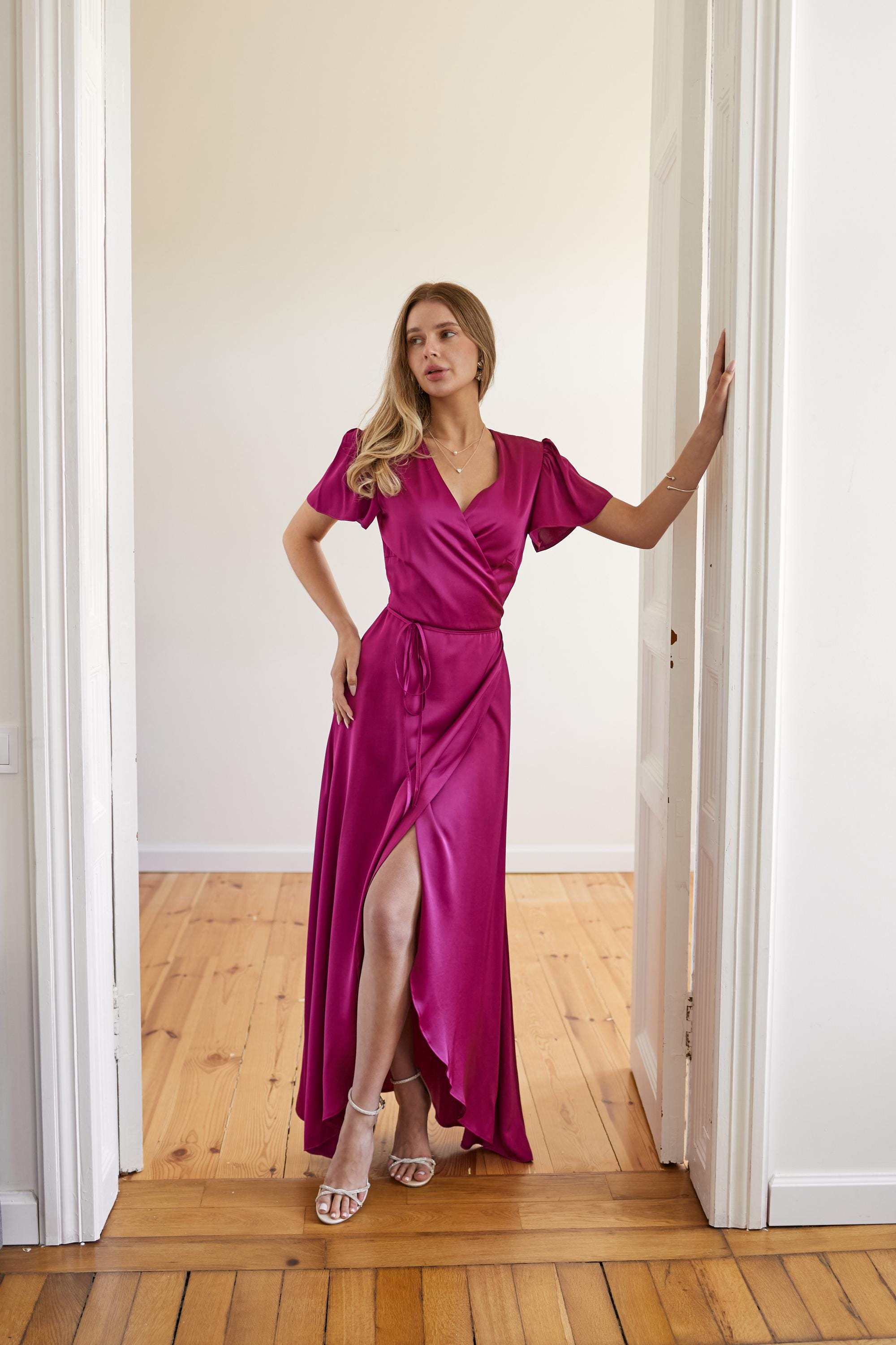 Gold Silk Dress with Short Sleeve Bridesmaid Wrap Maxi Dress with V-Neck Gold Bridesmaid Dress Wrap Dress Silk Long Dress Miranda Dress Gold Silk Dress with Short Sleeve Bridesmaid Wrap Maxi Dress with V-Neck Gold Bridesmaid Dress Wrap Dress Silk Long Dress Miranda Dress