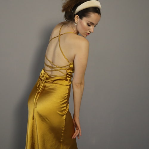 Mustard silk slip midi dress Yellow off shoulder straps back Elegant dress special occasion dark yellow Dress bridesmaid wedding silk slip