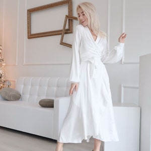 Janne dress White silk wrap dress for elopement Midi white dress long sleeve civil wedding Silk flared skirt romantic dress rehearsal dinner image 2