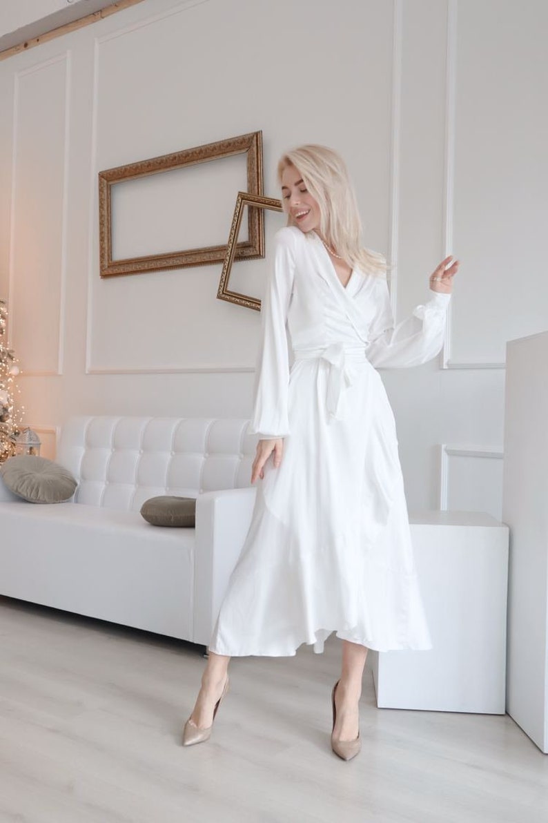 Janne dress White silk wrap dress for elopement Midi white dress long sleeve civil wedding Silk flared skirt romantic dress rehearsal dinner image 2