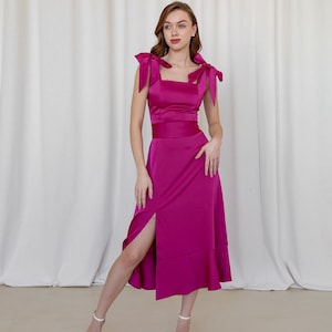 Magenta dress Fuchsia satin dress Hot pink bridesmaid's midi dress ties Midi bright pink dress Wedding guest dress Alexa dress image 6