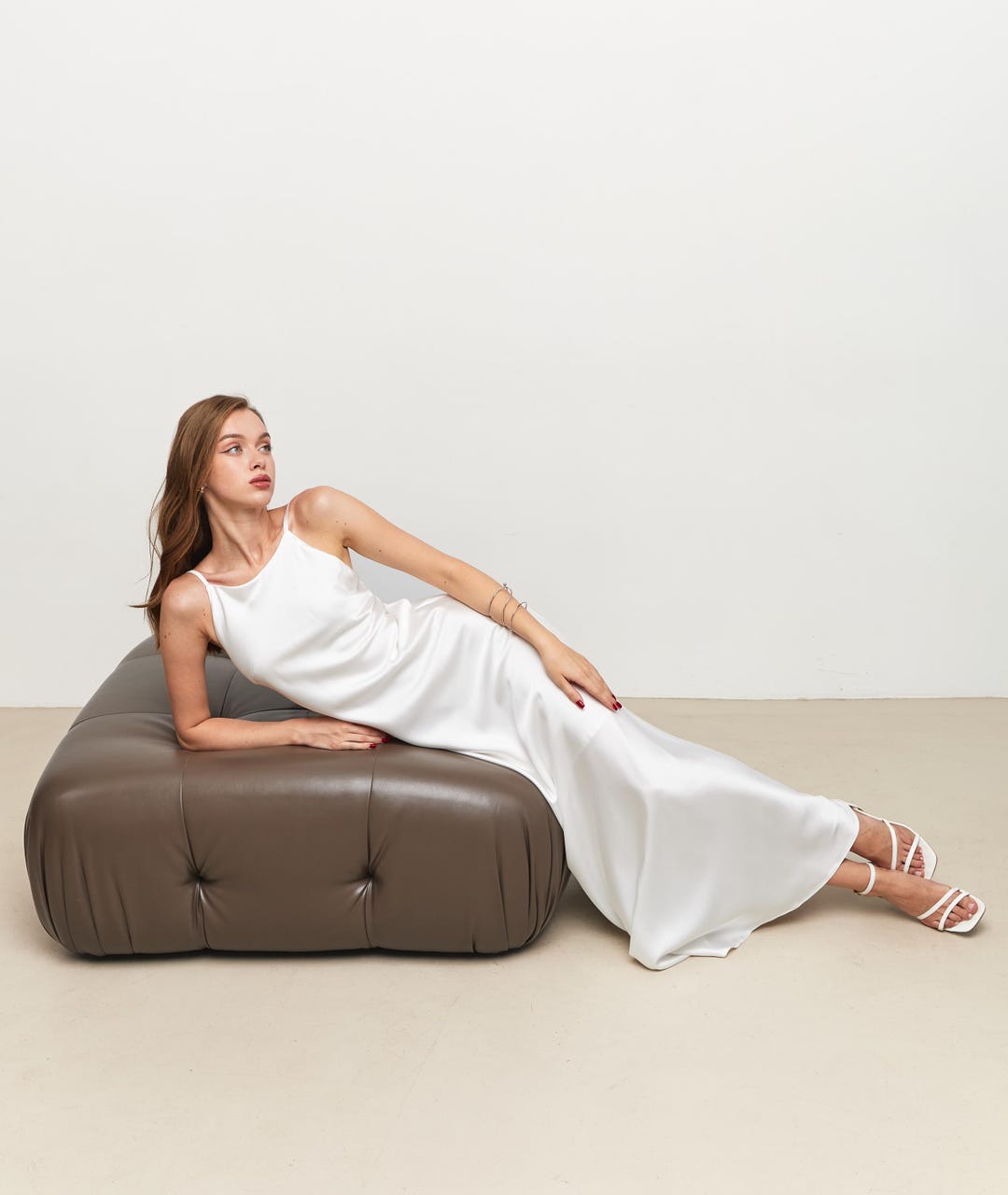 slim fit dress slacks Esther Iridescent Satin Cowl Maxi Dress / Pale Pink | Meshki
