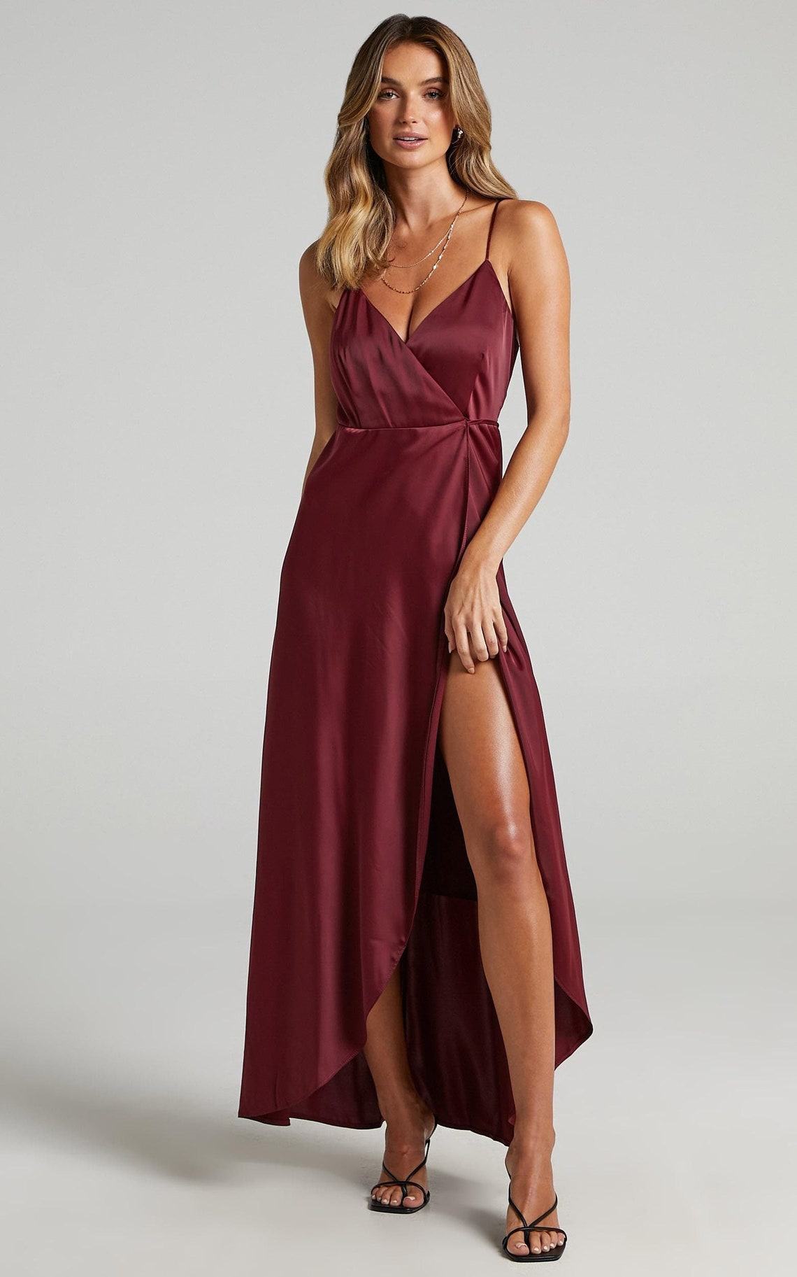 Burgundy silk satin bridesmaid dress Dark red long asymmetric image 1