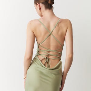 Sage green silk slip midi dress lace back Light green off shoulder Elegant pistachio dress special Dress bridesmaid wedding Chloe dress image 4