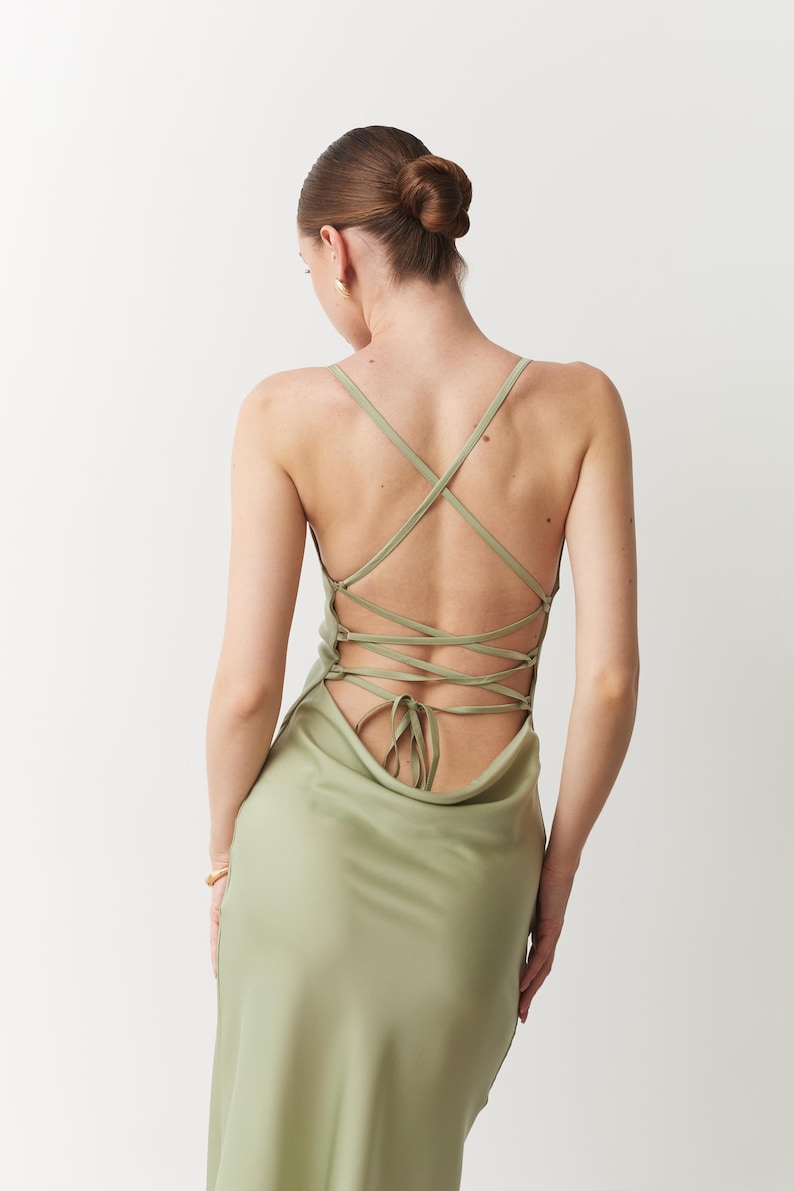 Sage green silk slip midi dress lace back Light green off shoulder Elegant pistachio dress special Dress bridesmaid wedding Chloe dress image 4