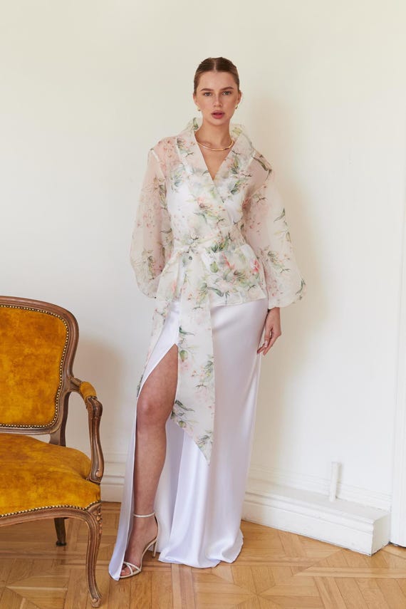 Floral jacket Wedding guest gown Prom jacket Floral bride gown Sheer organza blouse