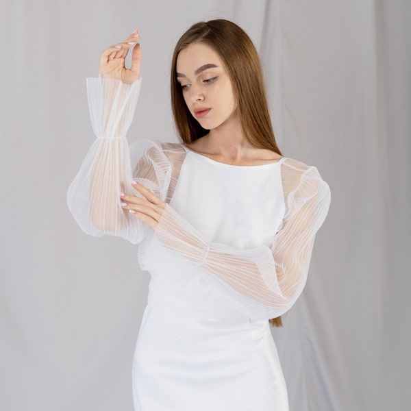 Braut-Topper, Hochzeitskleid-Topper, Plissee-Tüll-Bluse, transparenter weißer Tüll-Plisse, stilvolle Bluse, Seiden-Tüll-Bolero, Brautkleid-Overlay