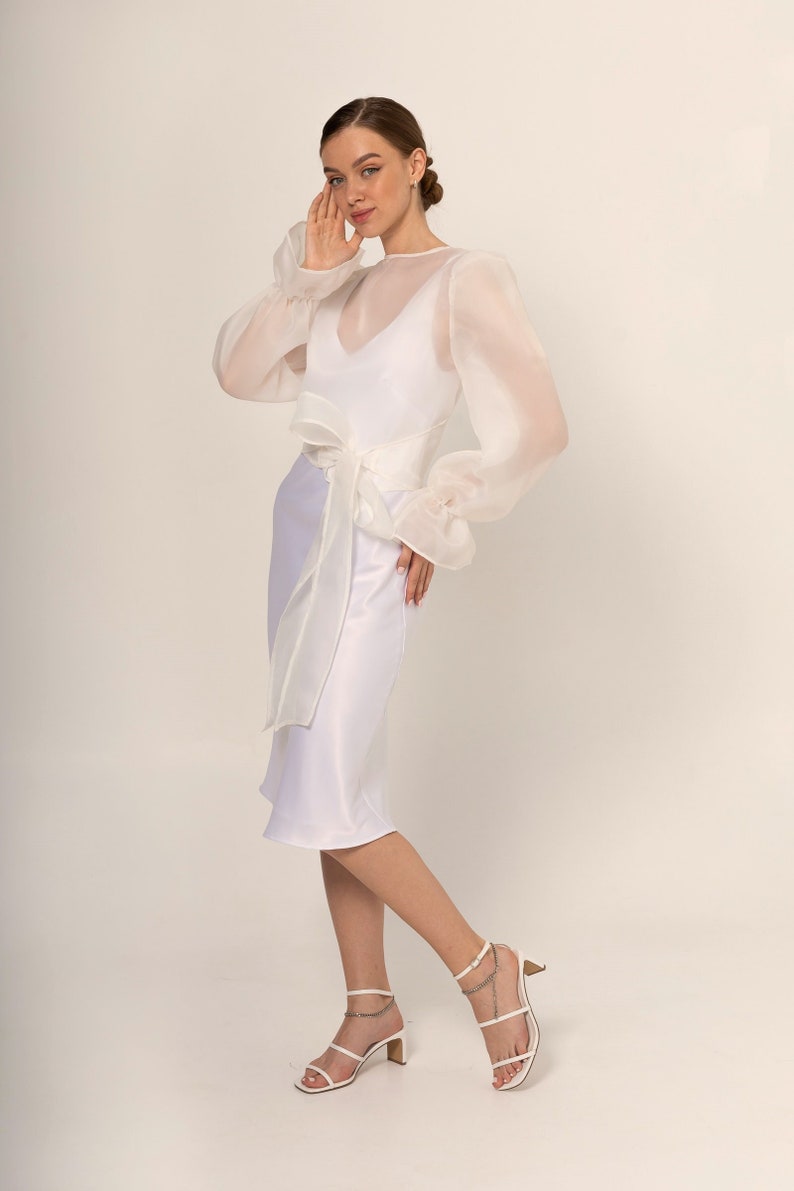 Bridal bolero Classic Organza Jacket Transparent Jacket Wrap organza blazer long bishop sleeve See through white blouse image 1