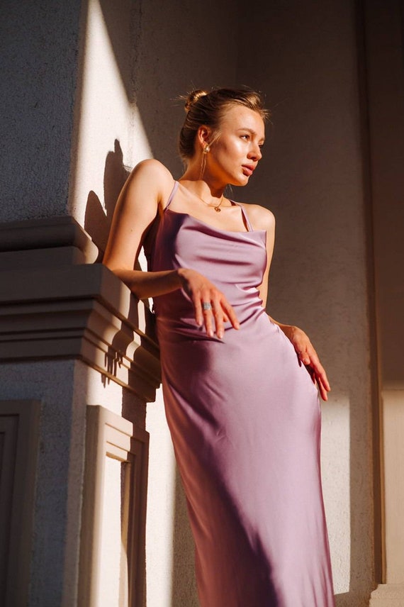 Purple Dress Slip Dress Cowl Neck Satin Midi Dress With Bare Shoulders and Open Back Purple Silk Dress Satin Purple Prom Dress Chloe Dress Etsy