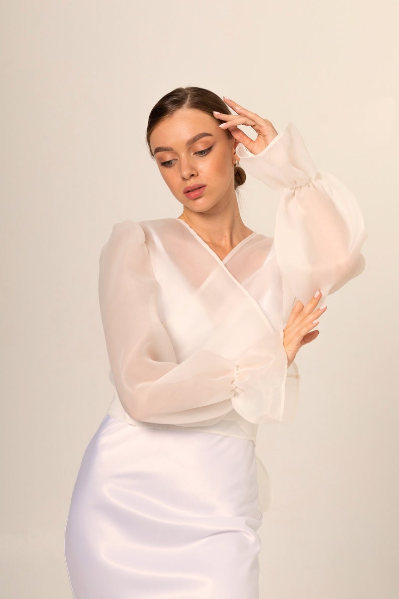 Bridal bolero Classic Organza Jacket Transparent Jacket Wrap organza blazer long bishop sleeve See through white blouse image 4