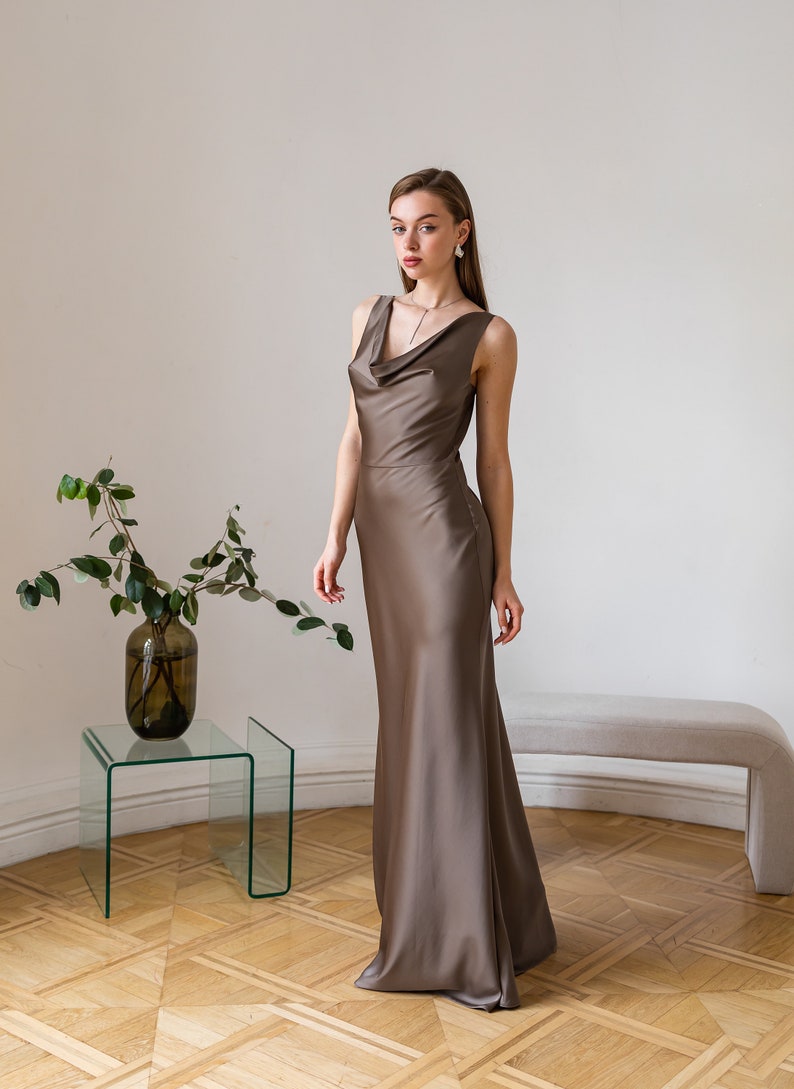 Satin cowl neck dress Satin long dress Bridesmaid dress Satin mermaid dress Cowl neck dress Gray dress Bias cut prom dress Paula dress Khaki