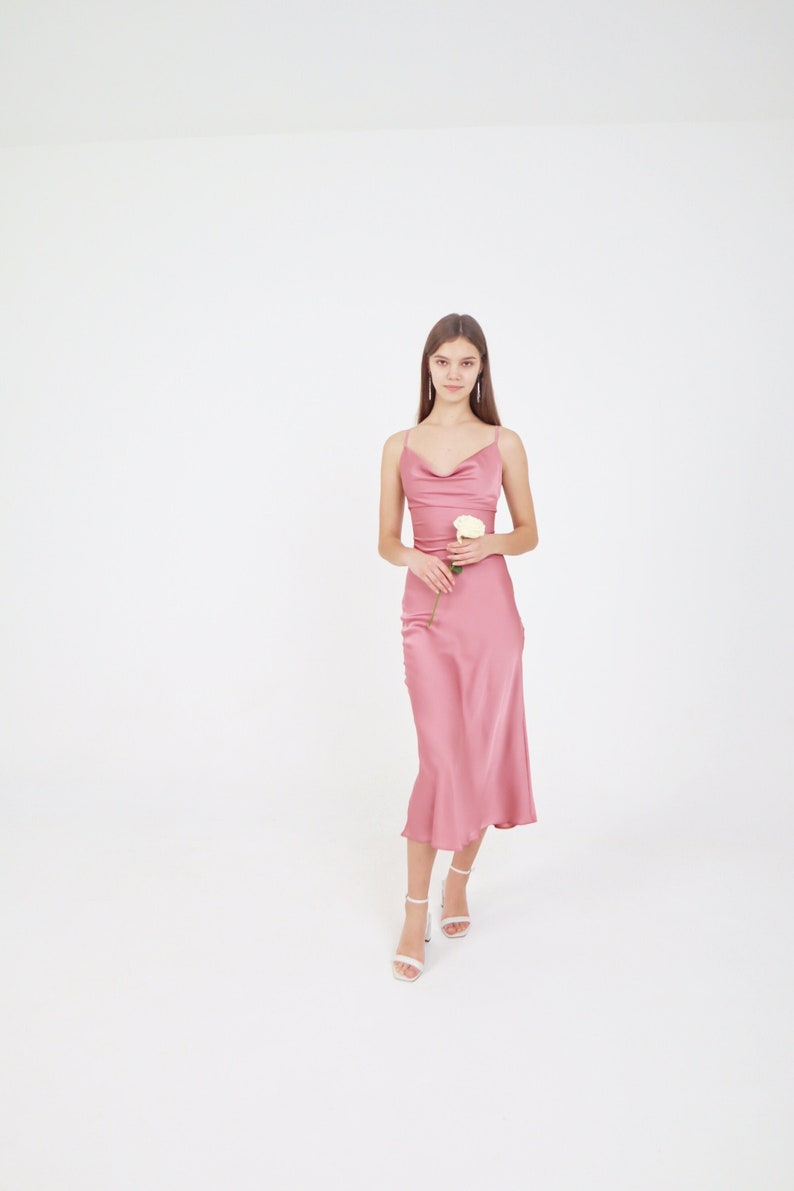 Powder silk slip dress cowl neck Rose pink midi dress bare image 2