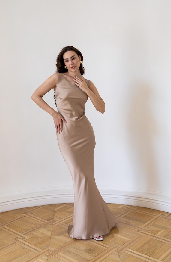 strapless open back dress Free Style Pastel Yellow Silk Satin Long Party Dress, Sheath Backless   Asteria